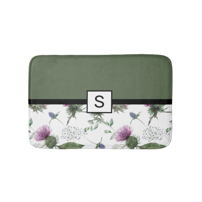 Sage Green Floral Monogram Bath Mat (Front)