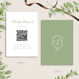 Sage Green Floral Monogram Crest Wedding QR Code RSVP Card