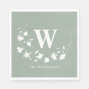 Sage Green Floral Monogram Custom Family Name Napkin