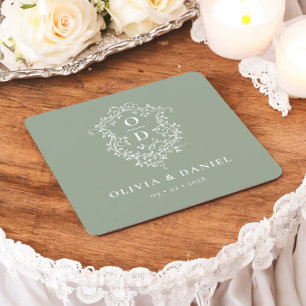 Sage Green Floral Monogram Wedding Crest Modern Square Paper Coaster