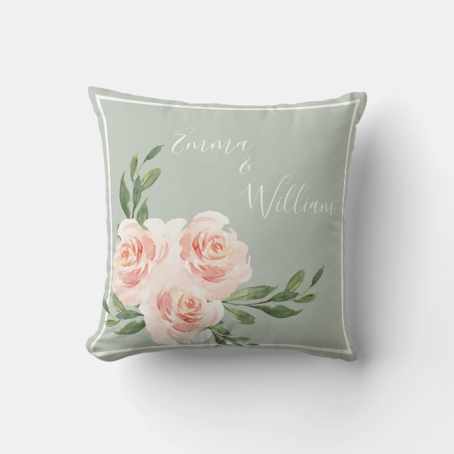 Sage Green Floral Names Wedding Cushion (Front)