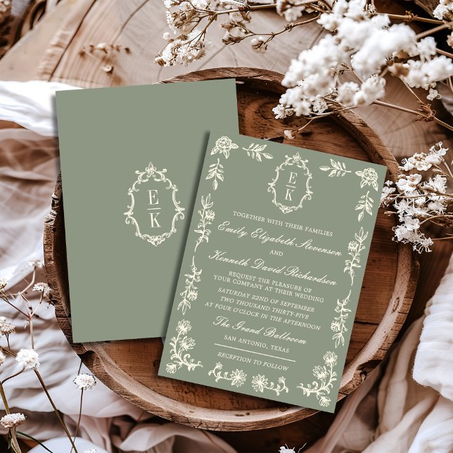 Sage Green Floral Old Money Monogram Crest Wedding Invitation (Creator Uploaded)