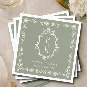 Sage Green Floral Old Money Monogram Crest Wedding Napkin
