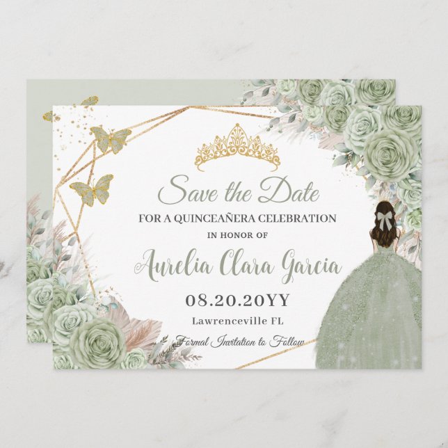 Sage Green Floral Pampas Grass Quinceanera Gold Save The Date (Front/Back)