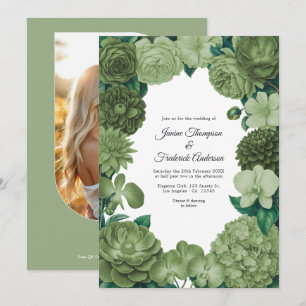 Sage Green Floral Photo and QR Code Wedding Invitation