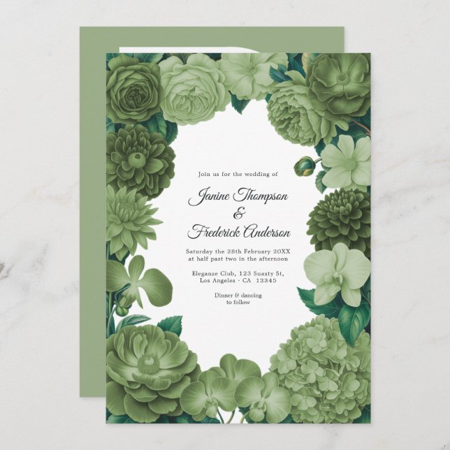 Sage Green Floral Photo and QR Code Wedding Invitation (Front/Back)