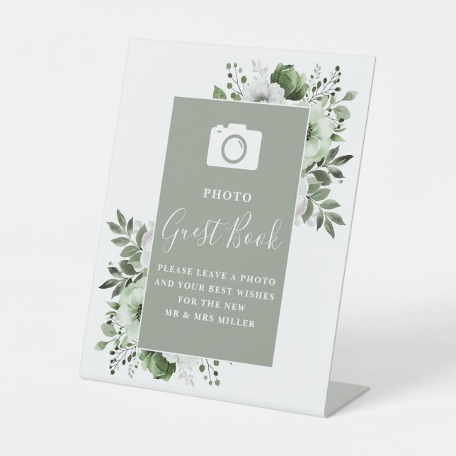 Sage Green Floral Photo Guest Book Wedding Pedestal Sign (Front)