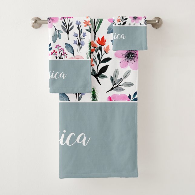 Sage Green Floral Pink Pattern Name Bath Towel Set (Insitu)