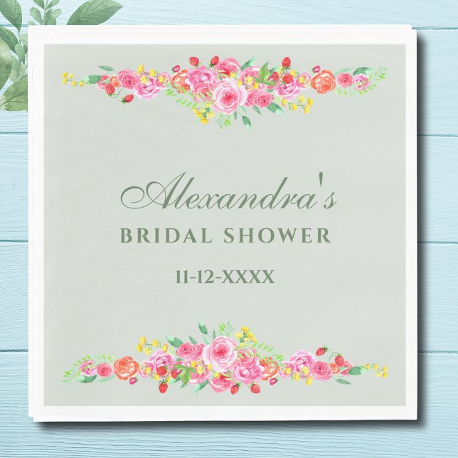 Sage Green Floral Pink Peony Bridal Shower Napkin (Creator Uploaded)
