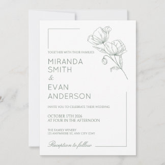 Sage Green Floral Poppy Wedding Invitation