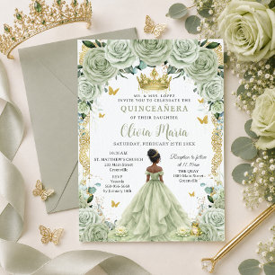 Sage Green Floral Princess and Frog Quinceañera  Invitation