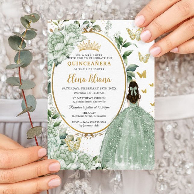 Sage Green Floral Princess Dress Gold Quinceañera Invitation (Creator Uploaded)