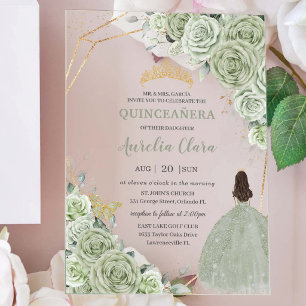 Sage Green Floral Princess Dress Quinceañera 15 16 Acrylic Invitations