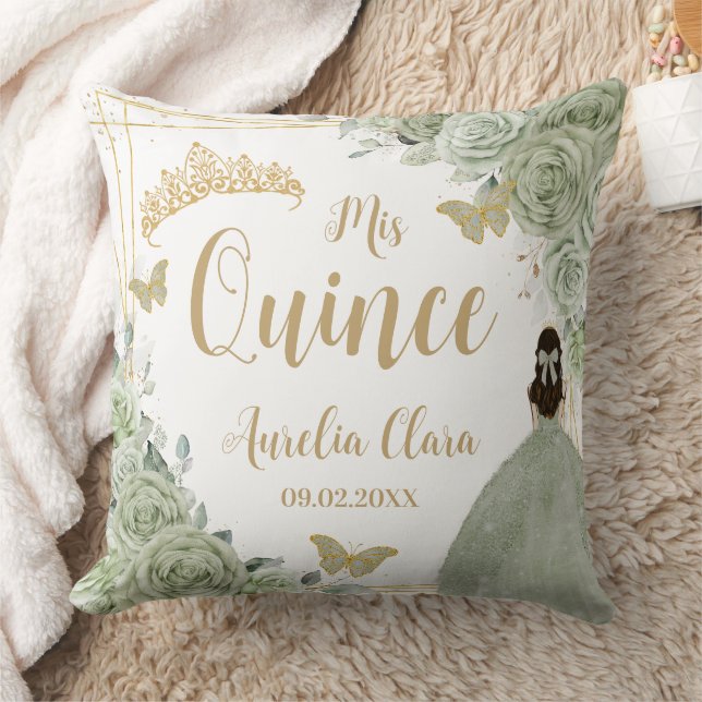 Sage Green Floral Princess Gold Quinceañera  Cushion (Blanket)