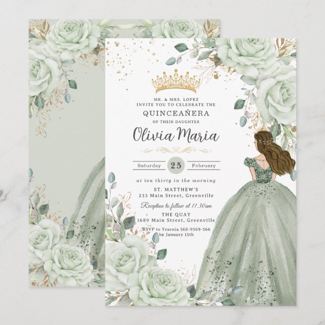 Sage Green Floral Princess Gown Quinceañera Quince Invitation (Front/Back)
