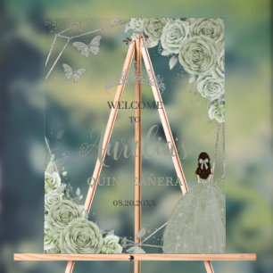 Sage Green Floral Princess Quinceañera XV Welcome Acrylic Sign