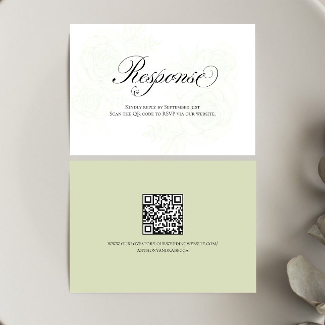 Sage Green Floral QR Code Wedding RSVP Script Card (Elegant sage green floral RSVP card with QR code and modern calligraphy script)