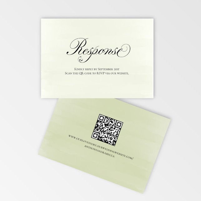 Sage Green Floral QR Code Wedding RSVP Script Card (Elegant sage green floral RSVP card with QR code for easy online responses)