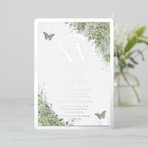 Sage Green Floral Quinceañera Butterflies Silver