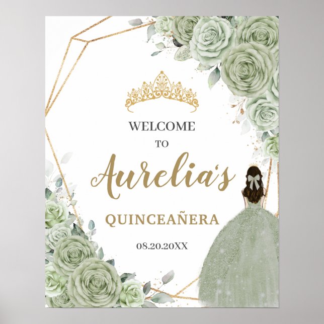 Sage Green Floral Quinceañera Geometric Welcome Poster (Front)