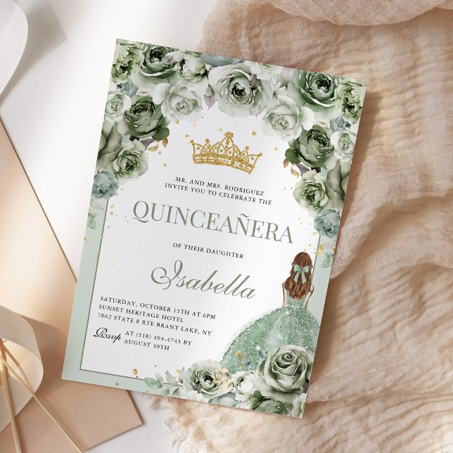 Sage Green Floral Quinceanera Mis Quince Anos Invitation (Creator Uploaded)