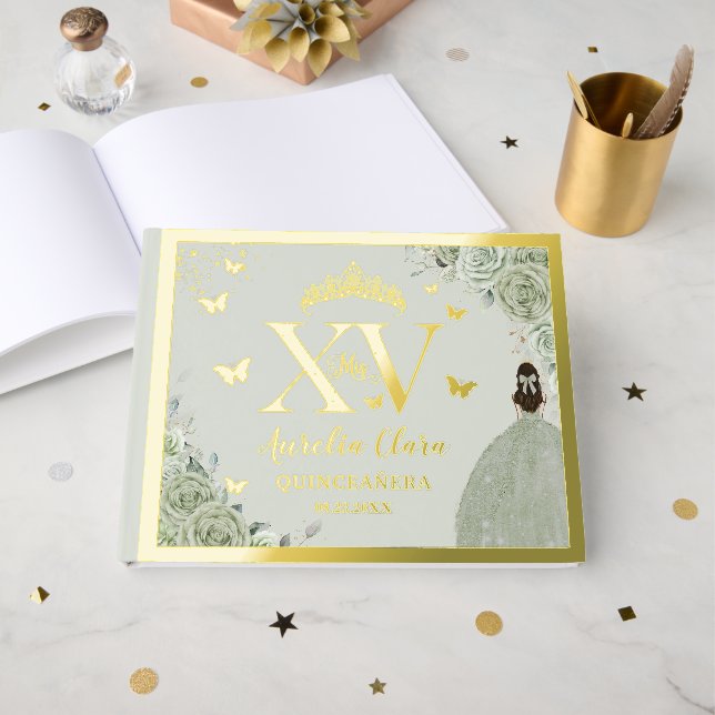 Sage Green Floral Quinceañera Quince 15 XV Gold Guest Book (Front Open)