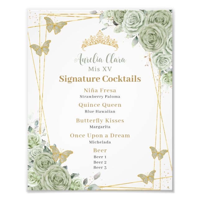 Sage Green Floral Quinceanera Signature Cocktails  Photo Print (Front)