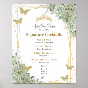 Sage Green Floral Quinceanera Signature Cocktails  Poster