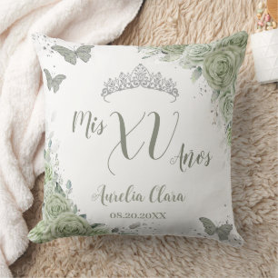 Sage Green Floral Quinceanera XV 15 Butterflies Cushion