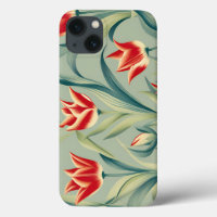 Sage Green Floral Red Tulips
