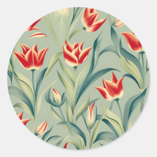 Sage Green Floral Red Tulips Classic Round Sticker