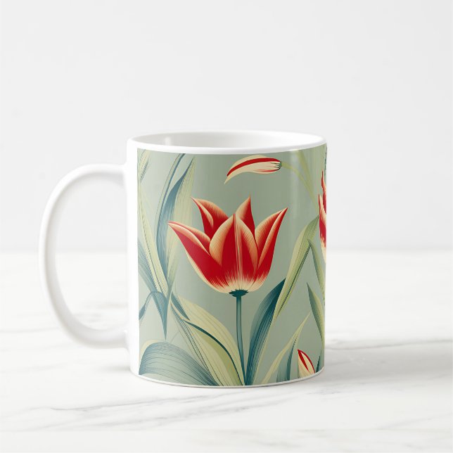 Sage Green Floral Red Tulips Coffee Mug (Left)