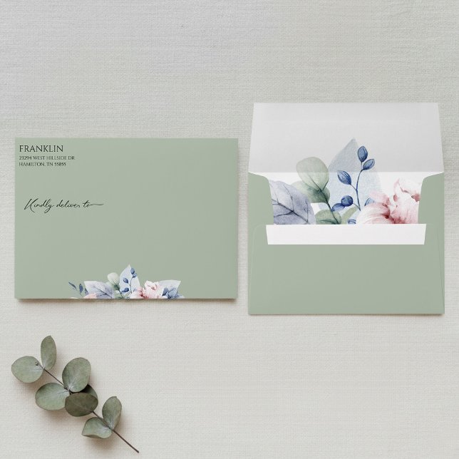 Sage Green Floral Return Address Wedding  Envelope (Sage Green Floral Return Address Wedding Envelope)