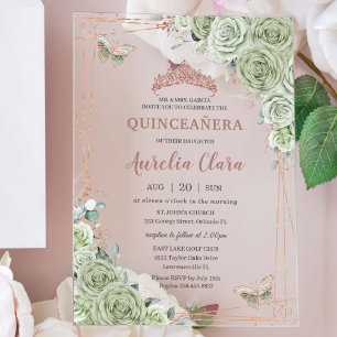Sage Green Floral Rose Gold Quinceañera Birthday Acrylic Invitations