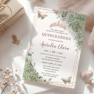 Sage Green Floral Rose Gold Quinceañera Birthday Invitation
