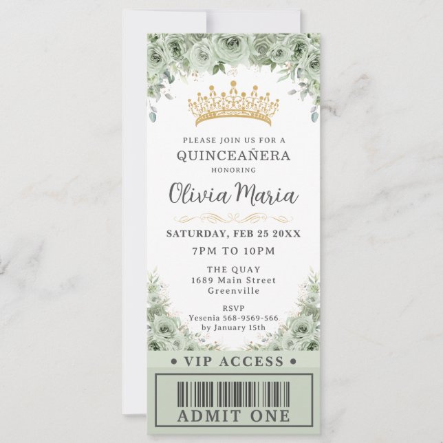Sage Green Floral Rose Gold Quinceañera VIP Ticket Invitation (Front)