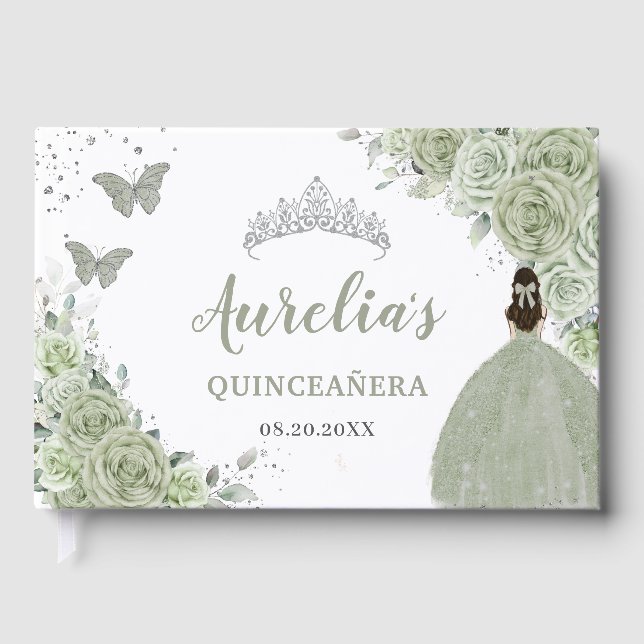 Sage Green Floral Rose Princess Silver Quinceañera Guest Book (Front)