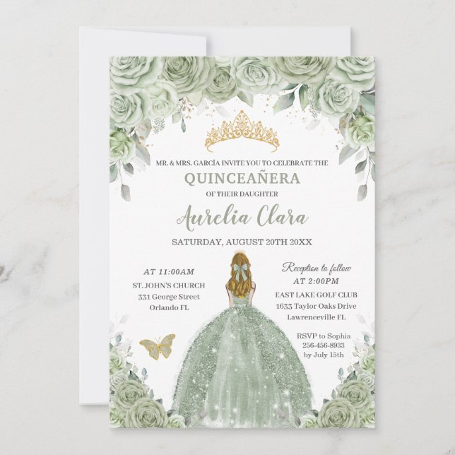 Sage Green Floral Roses Blonde Girl Quinceañera Invitation (Front)