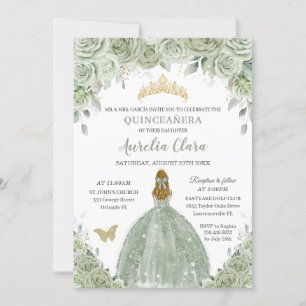 Sage Green Floral Roses Blonde Girl Quinceañera Invitation