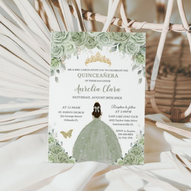 Sage Green Floral Roses Princess Gold Quinceañera Invitation (Creator Uploaded)