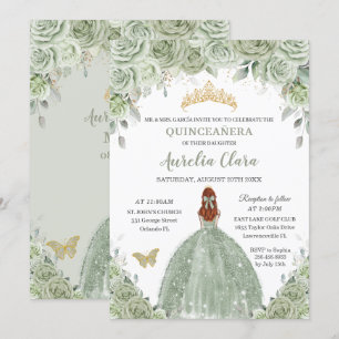 Sage Green Floral Roses Red Hair Girl Quinceañera Invitation