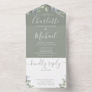 Sage Green Floral Script Monogram Wedding All In One Invitation