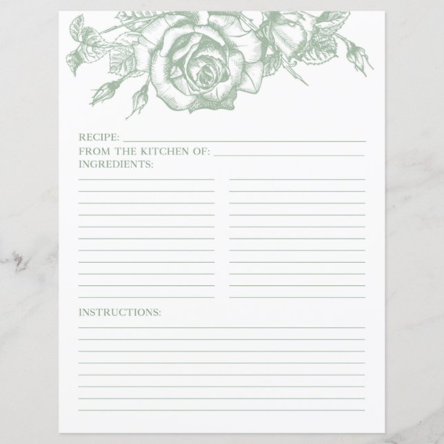 Sage Green Floral Shower Recipe Page (Front)