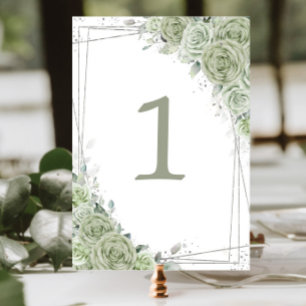 Sage Green Floral Silver Birthday Quinceañera  Table Number