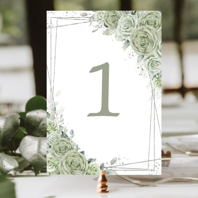 Sage Green Floral Silver Birthday Quinceañera  Table Number (Creator Uploaded)