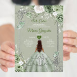 Sage Green Floral Silver Crown Mis Quince 15 Anos Invitation<br><div class="desc">Quinceañera Sage Green Silver Crown Invitation
Mis Quince 15 Anos,  16th Birthday, </div>