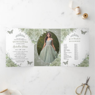 Sage Green Floral Silver Quinceañera 15 Photos Tri-Fold Invitation