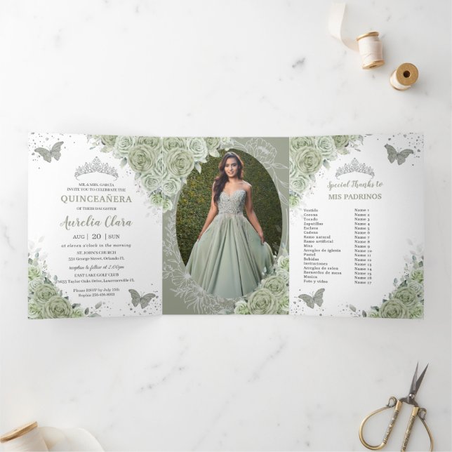 Sage Green Floral Silver Quinceañera 15 Photos Tri-Fold Invitation (Inside)