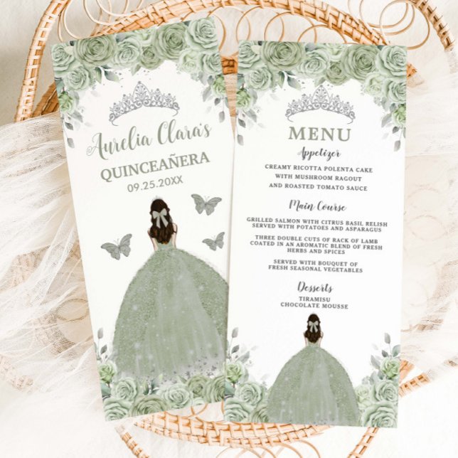 Sage Green Floral Silver Quinceañera 16 Slim Menu (Creator Uploaded)