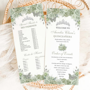 Sage Green Floral Silver Quinceañera Order Events Program